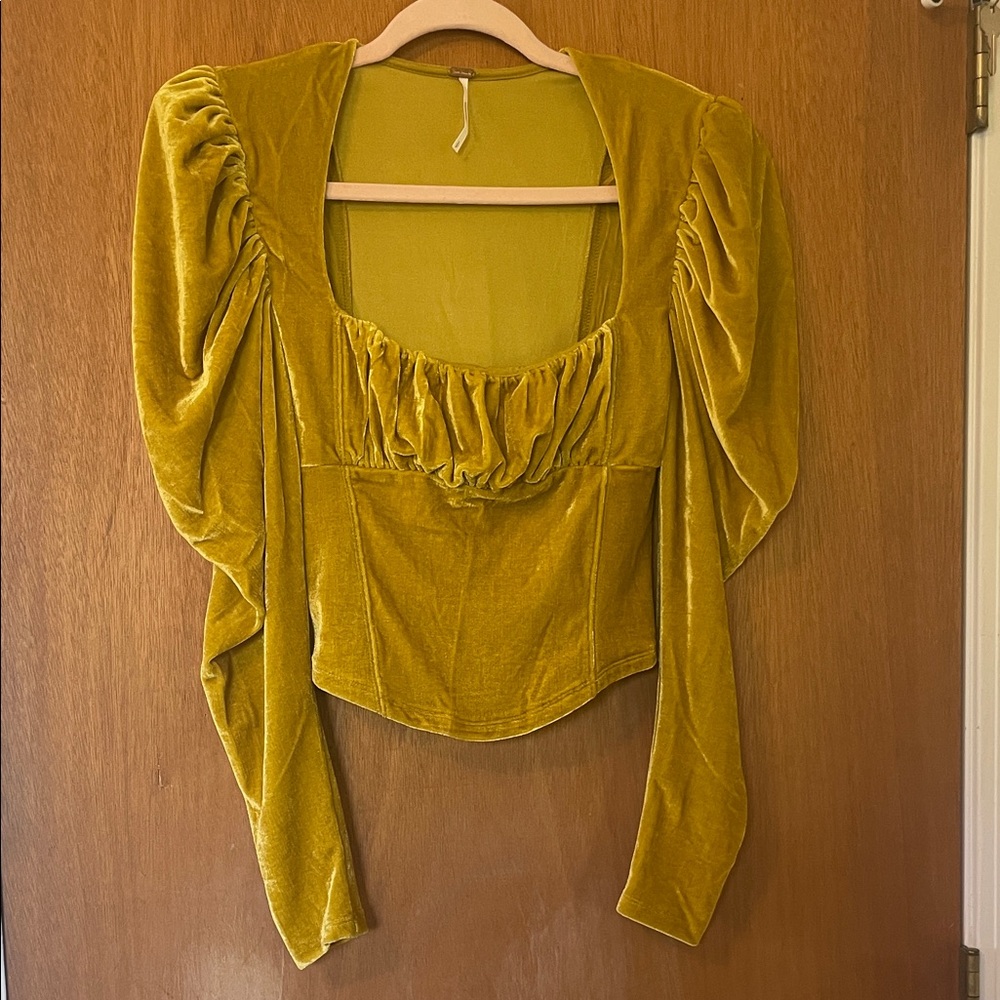 Free People Mustard Velvet Puff Sleeve Blouse